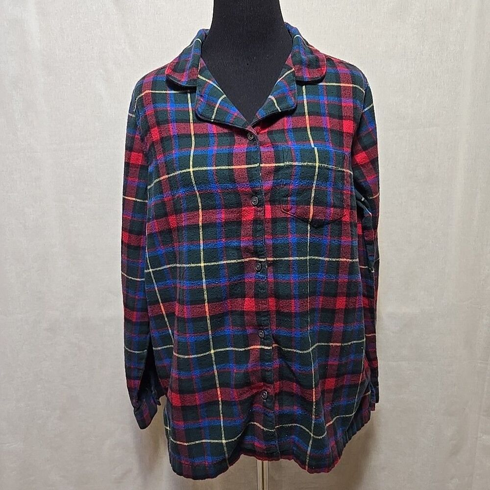 LL Bean Flannel Pajama Top Womens Size XL Green Red Blue